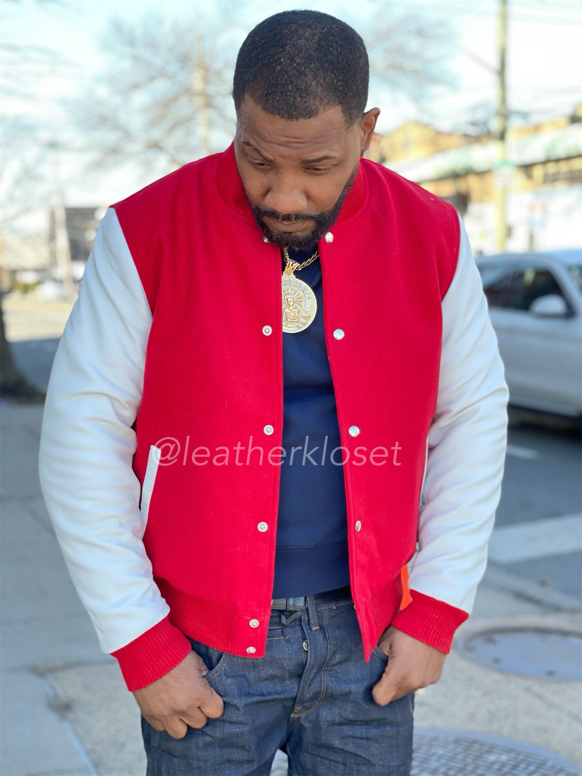Men's Classic Wool And Leather Varsity Jacket [Red/White]