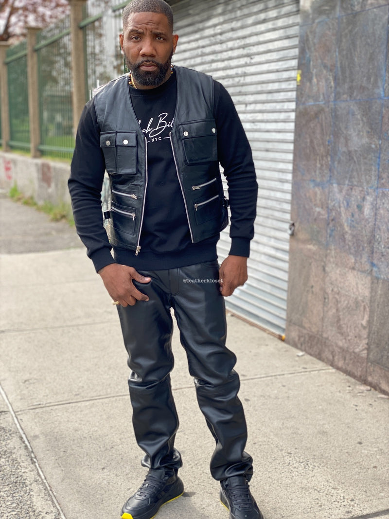 Men's Leather Tactical Vest With Leather Pants Black [Slim-Cut]
