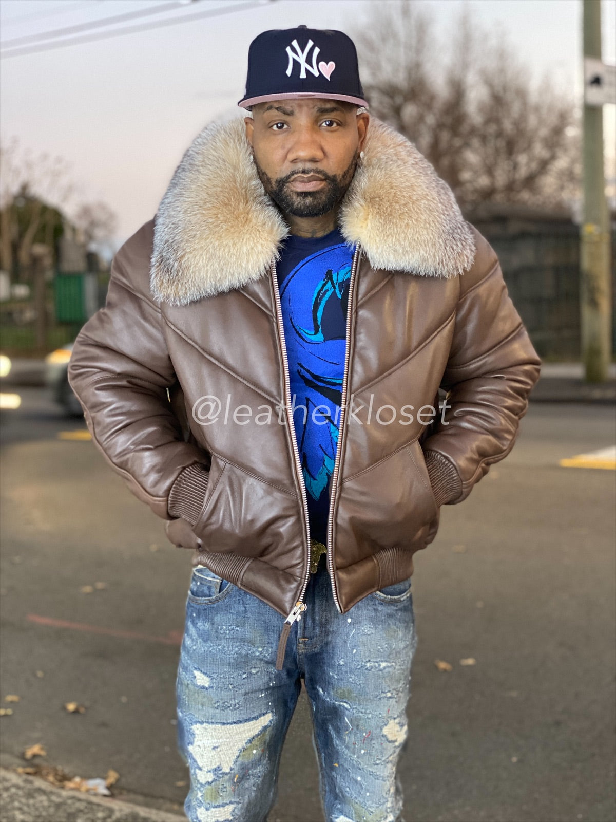 Men's Genuine Lambskin Leather V Bomber Jacket – Fox Fur Collar, Hip-Hop Style Sizes L-6XL