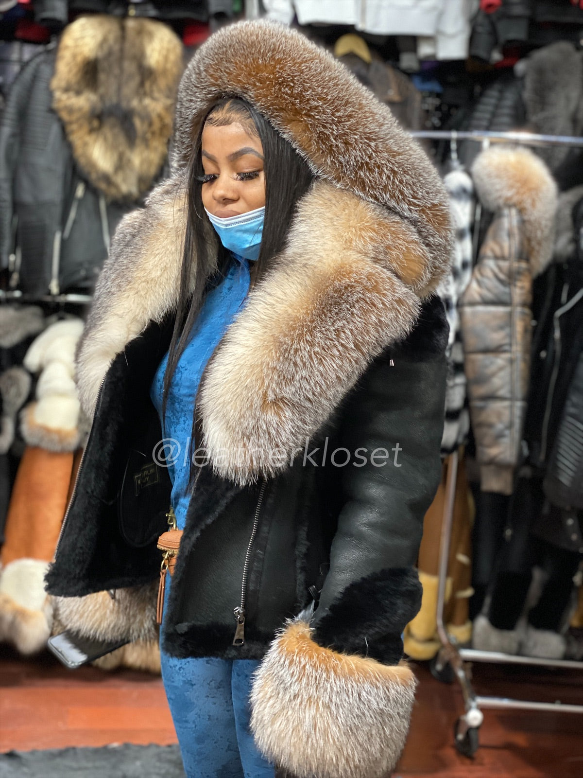 Women's Sheepskin Biker Jacket With Full Fox