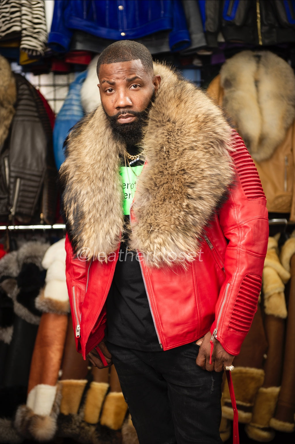 Men's Trey Biker Red With Raccoon Fur