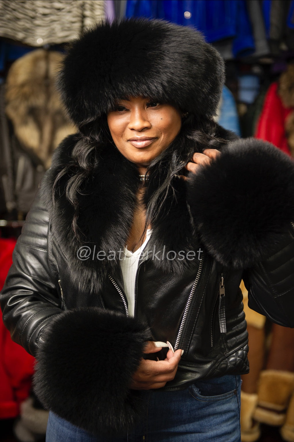 Women's Jay Biker Full Fox Fur With Headband [Black Fur]