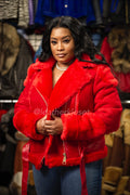 Women's Classic Real Sheepskin Biker Jacket [Red]