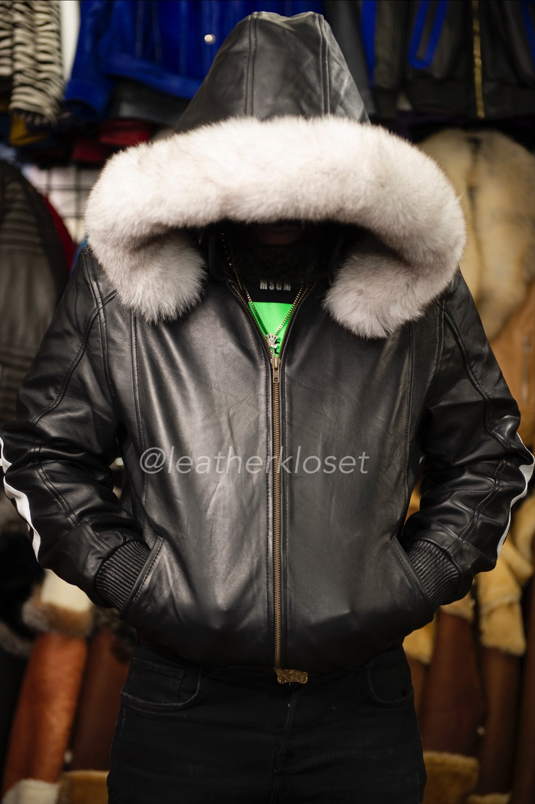 Mens black leather discount jacket with hood