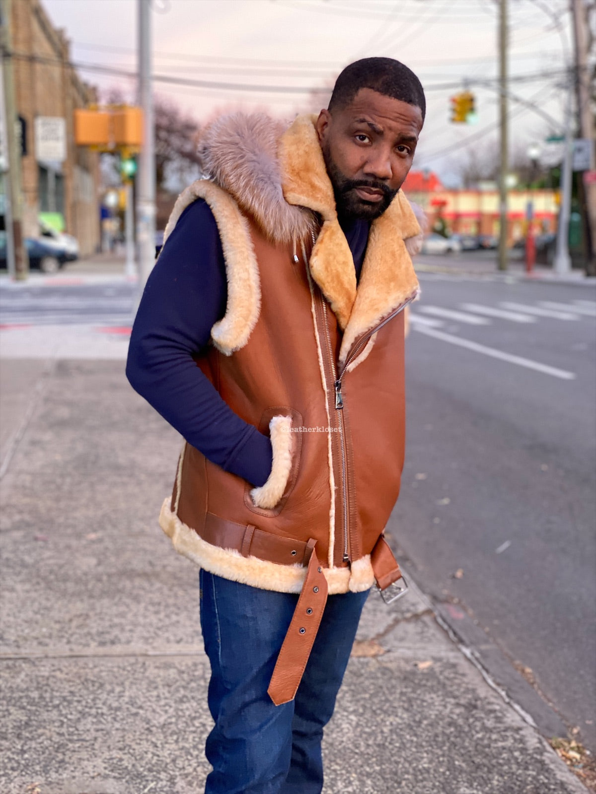Men's Real Sheepskin Shearling Vest With Fox [Tan Napa]