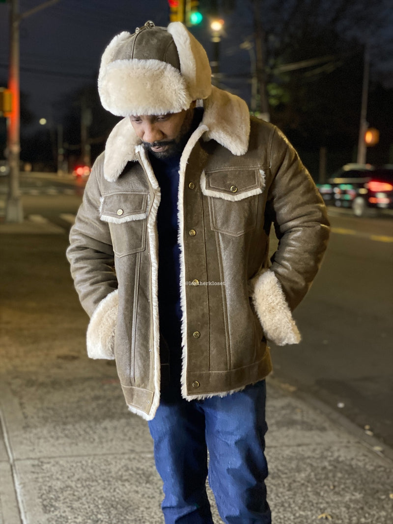 Men's Troy Shearling Jacket With Hat [Green Distressed]