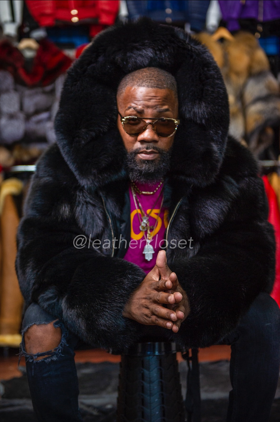 Men's Fox Fur Bomber Jacket [Black]