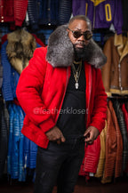 Men's Shearling Bomber Jacket with Fox Collar [Red]
