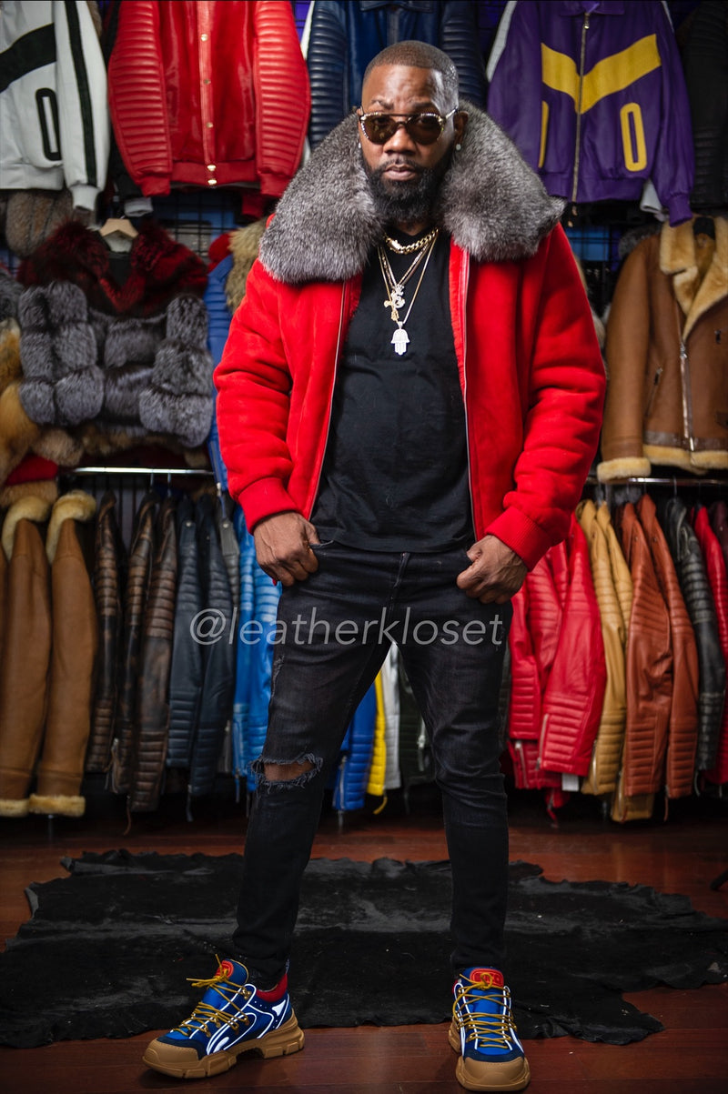 Men's Shearling Bomber Jacket with Fox Collar [Red]