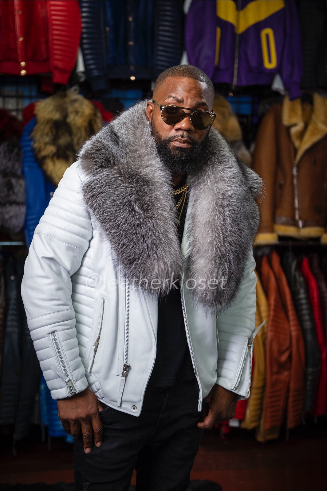 Men's Jay Biker White With Full Silver Fox Fur Collar – LeatherKloset