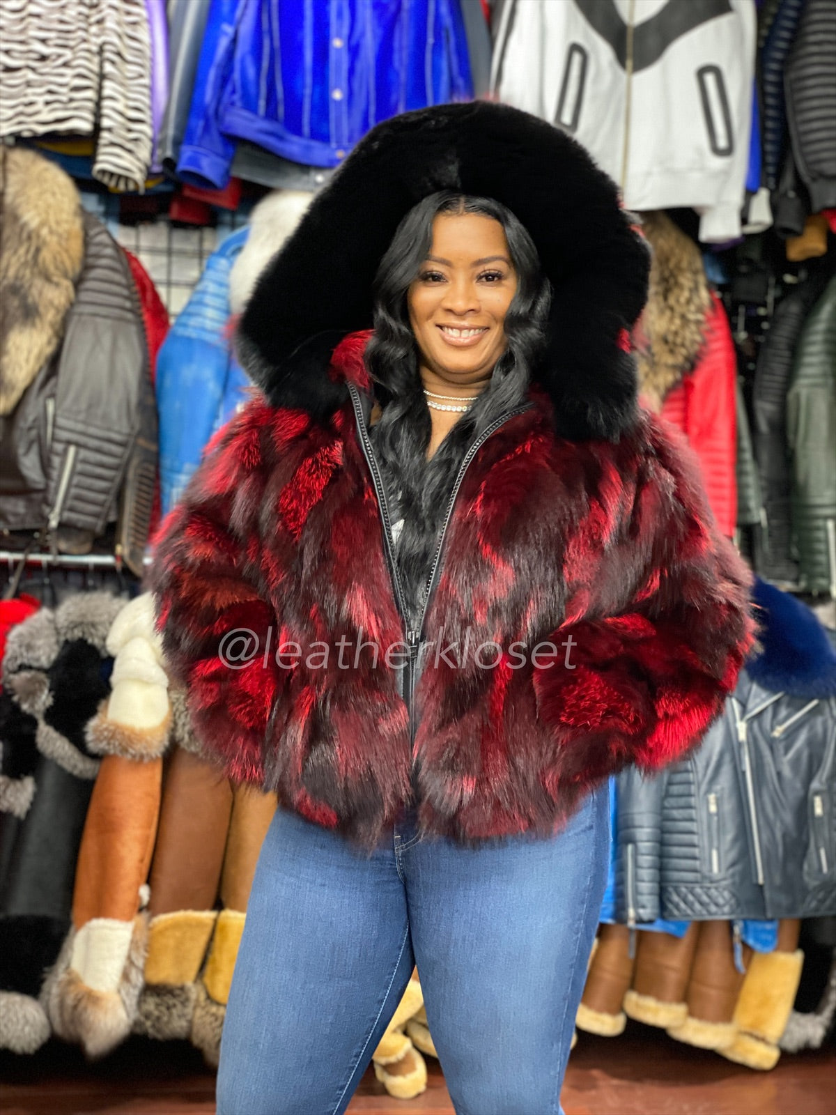Women's Fox Fur Bomber [Black and Red]