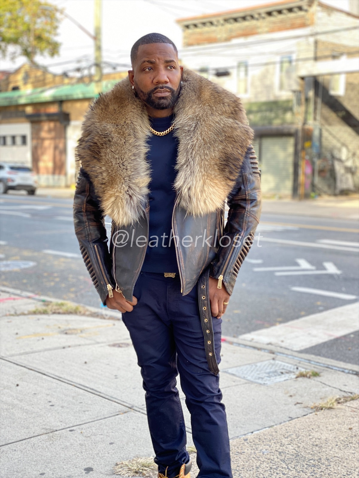 Men's Trey Biker Brown Copper With Raccoon Fur