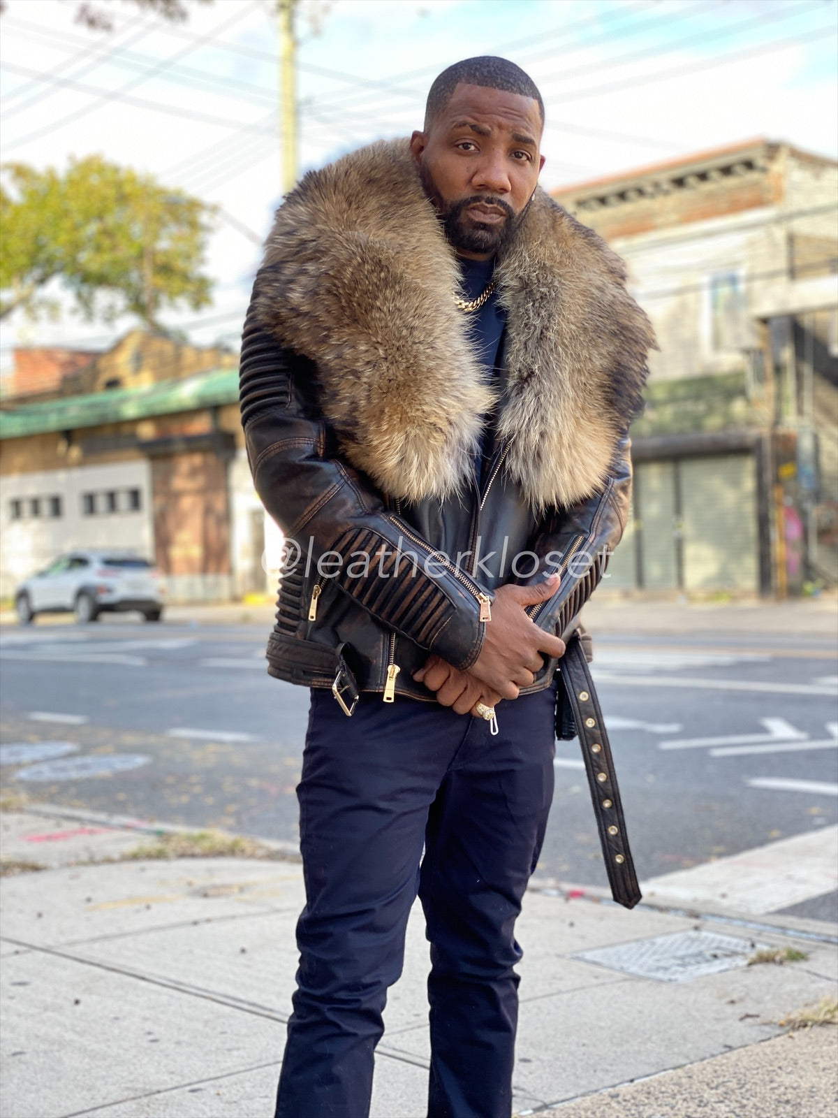 Men's Trey Biker Brown Copper With Raccoon Fur