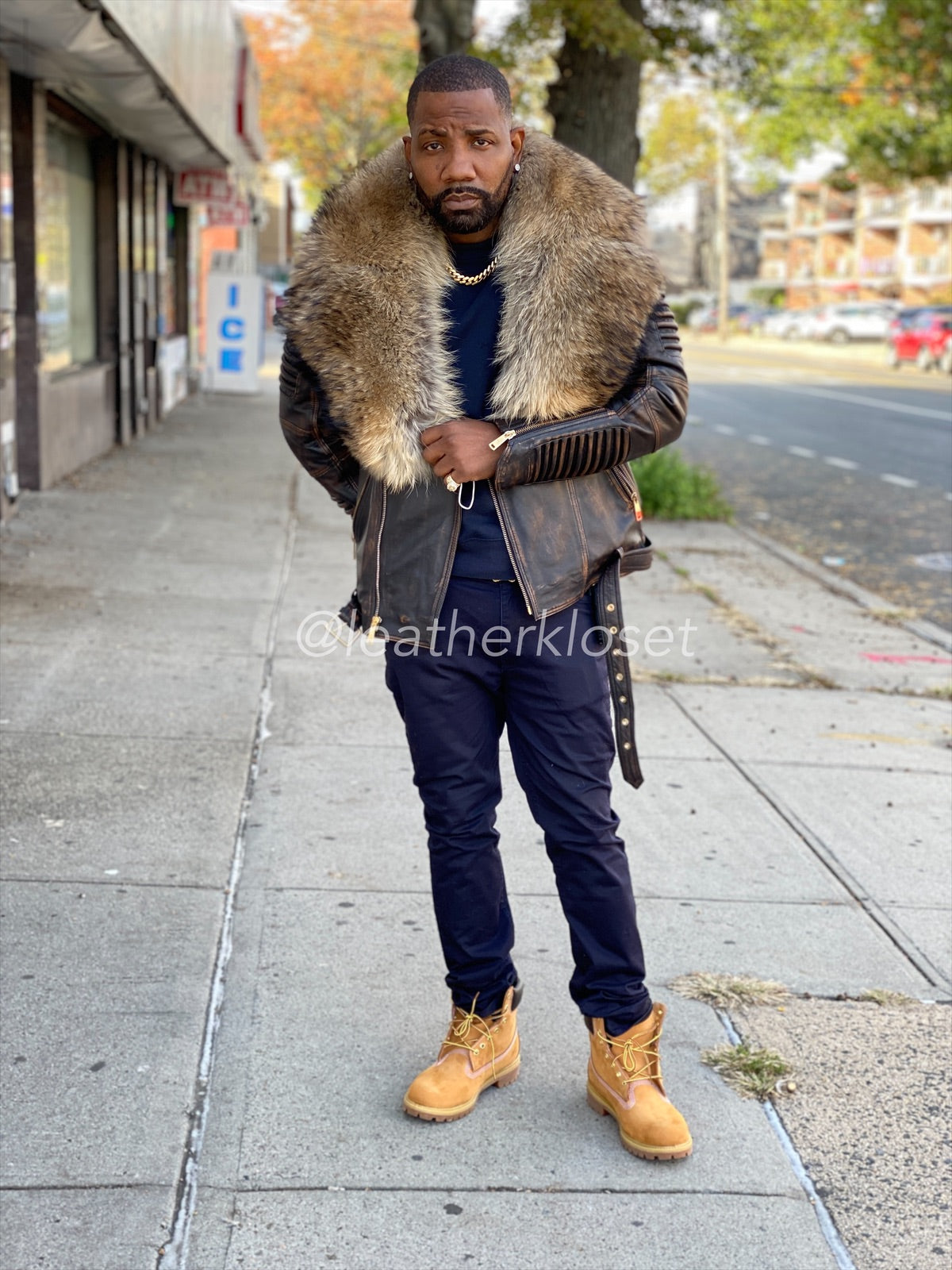 Men's Trey Biker Brown Copper With Raccoon Fur