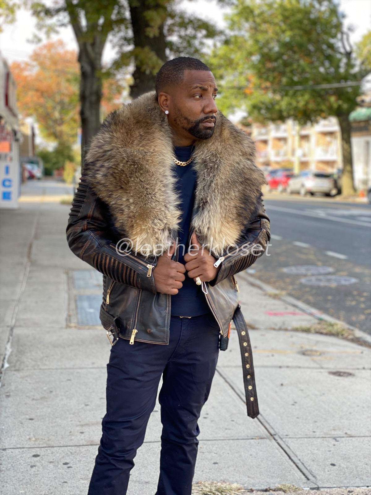 Men's Trey Biker Brown Copper With Raccoon Fur