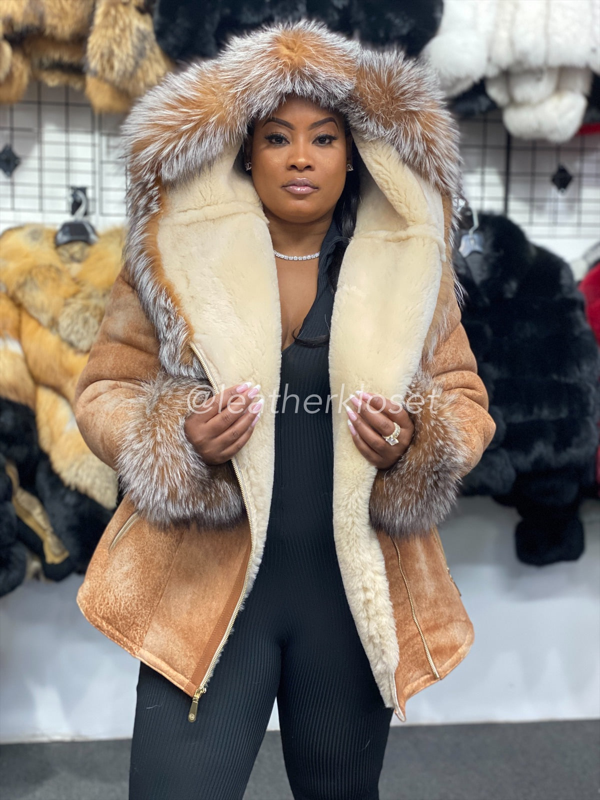 Women's Anna Real Sheepskin Jacket With Fox [Light Tan