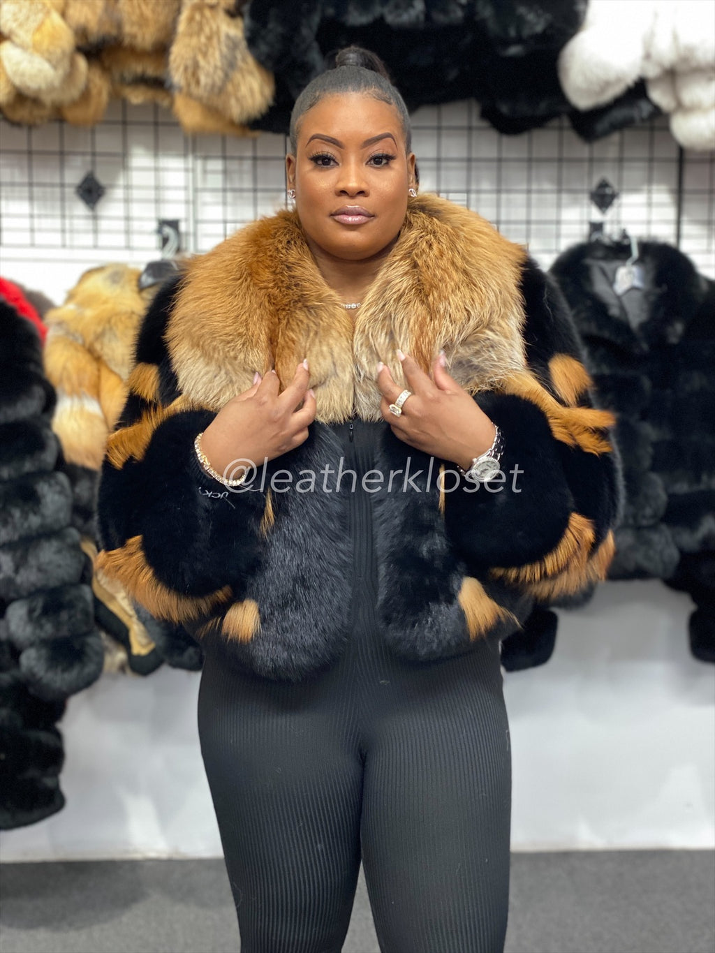 Women's Halle Fox Bomber Jacket With Hood [Black and Gold]