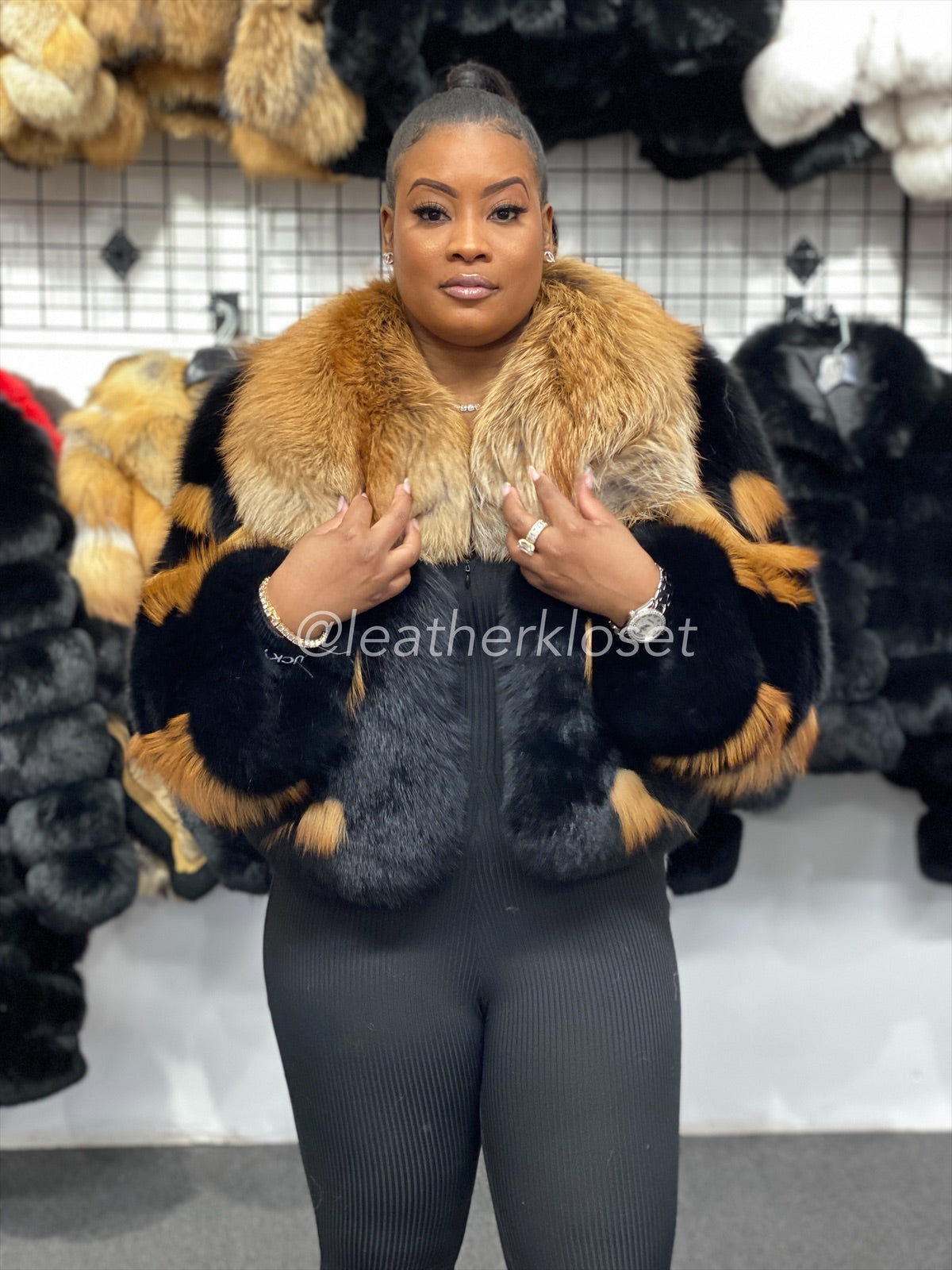 Women's Halle Fox Bomber Jacket With Hood [Black and Gold]