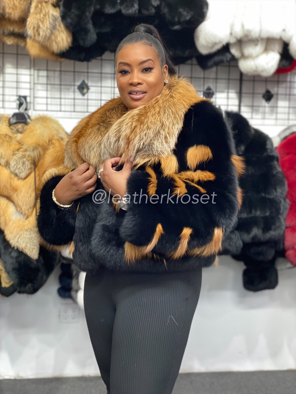 Women's Halle Fox Bomber Jacket With Hood [Black and Gold]