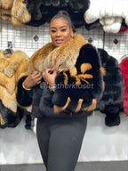 Women's Halle Fox Bomber Jacket With Hood [Black and Gold]