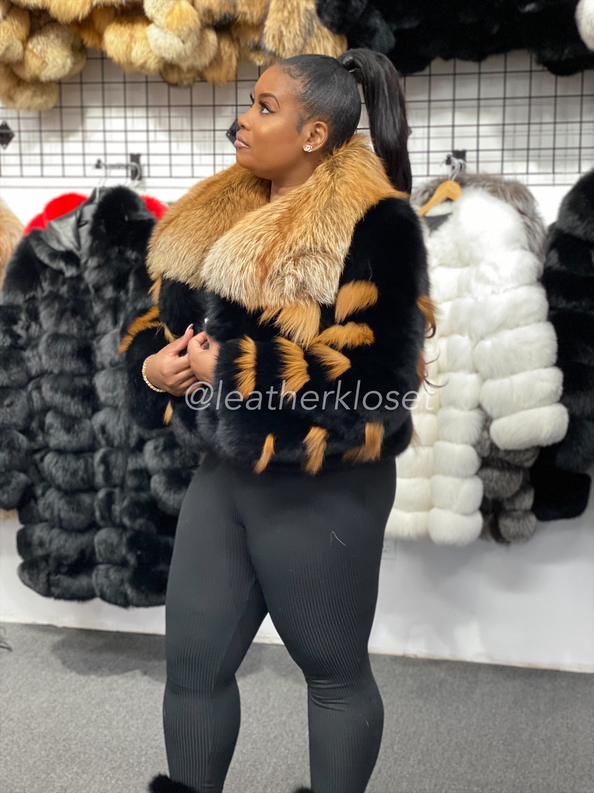 Women's Halle Fox Bomber Jacket With Hood [Black and Gold]
