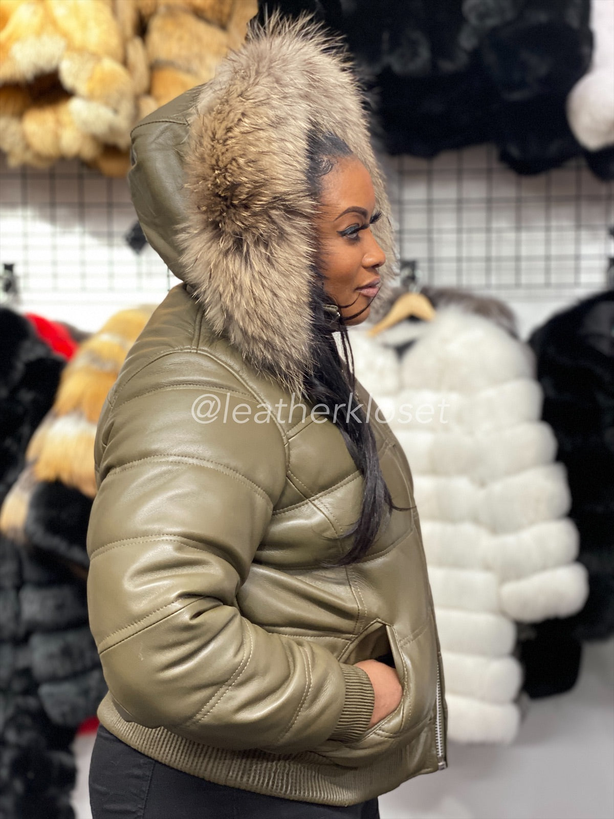 Women's Leather Snorkel Bomber Jacket Premium Racoon Fur Hood [Olive]