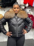 Women's V-Bomber Black Premium Fox Fur Collar [Raccoon Fur]