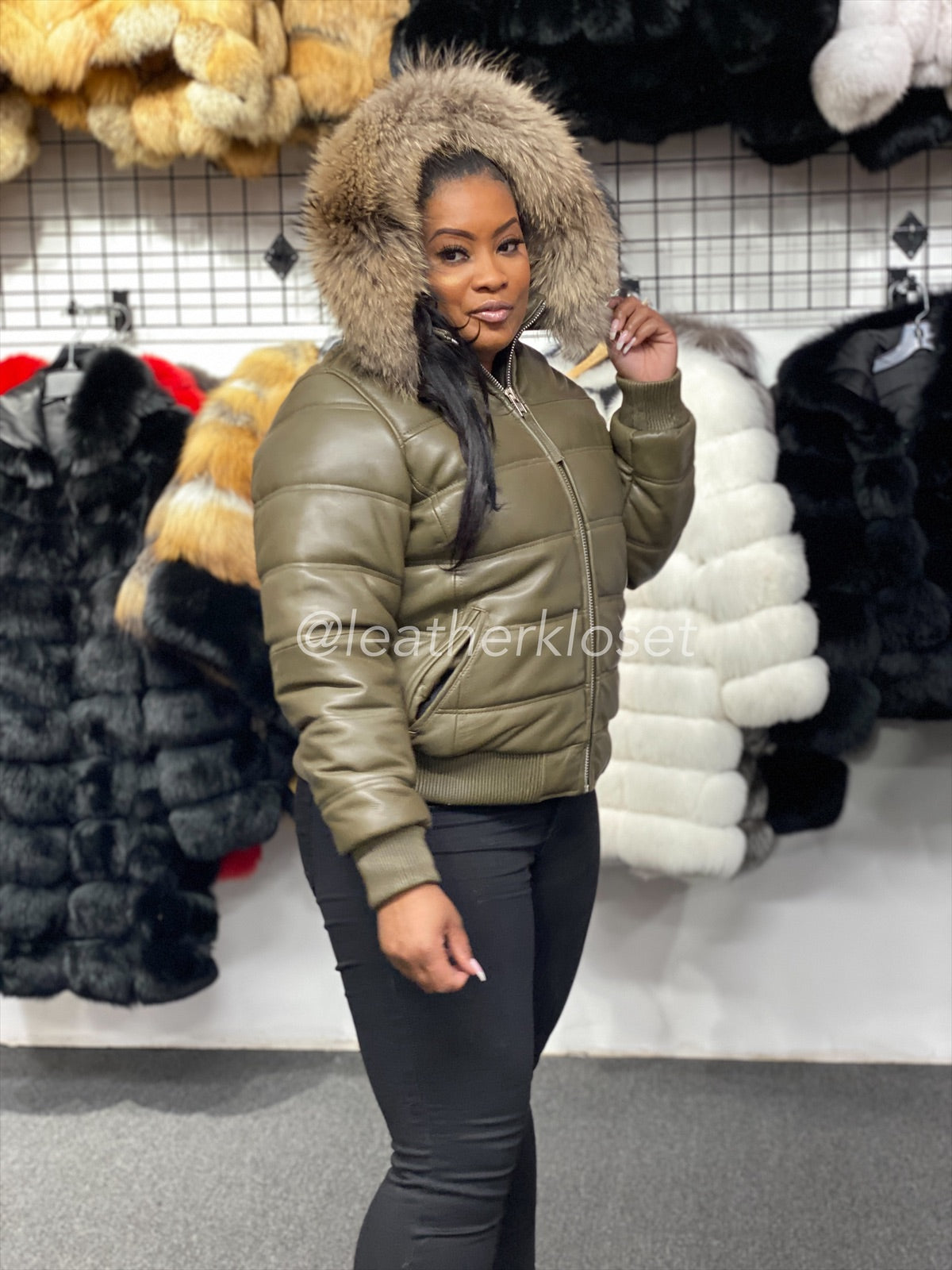 Women's Leather Snorkel Bomber Jacket Premium Racoon Fur Hood [Olive]