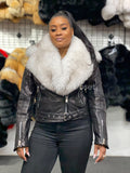 Women's Trey Biker Black Oversized Fox Collar [Natural White Fur]