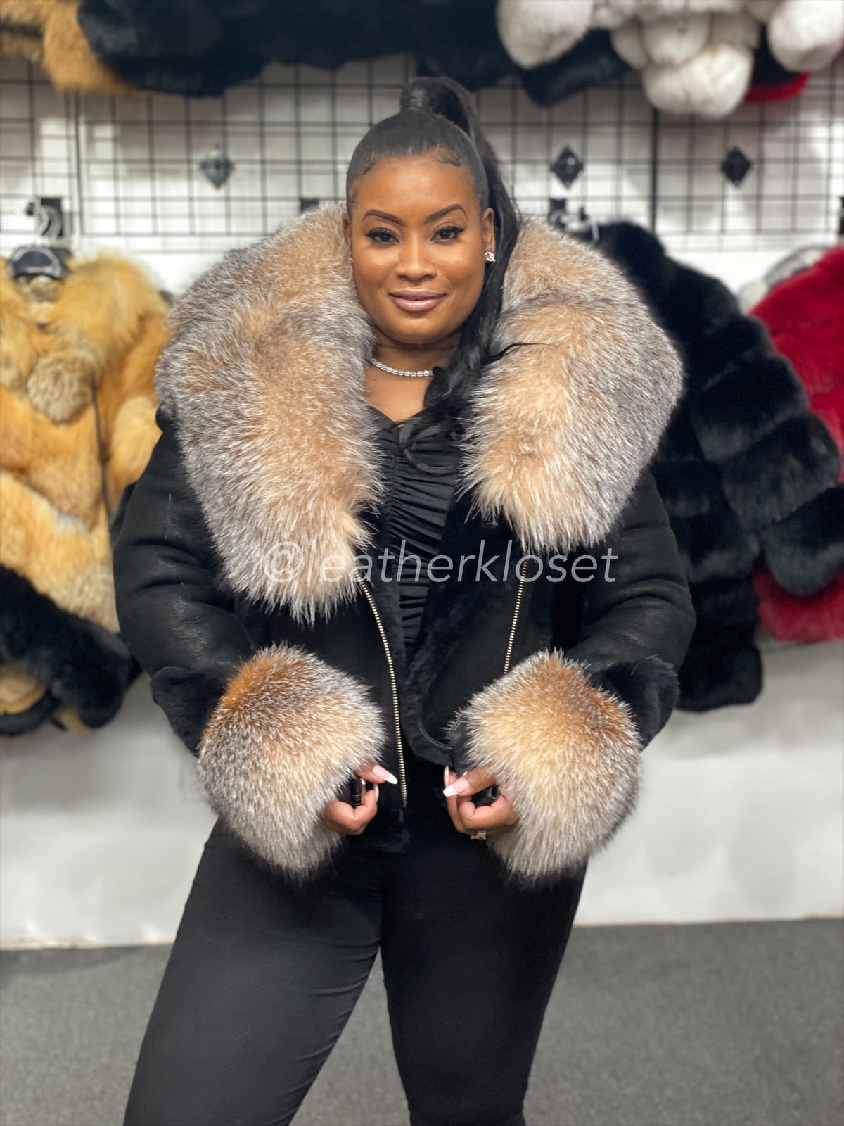 Women's Sheepskin Biker Jacket With Full Fox