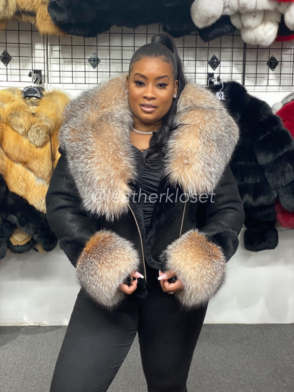 Women's Sheepskin Biker Jacket With Full Fox