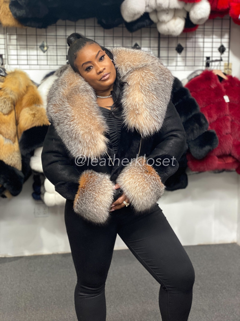 Women's Sheepskin Biker Jacket With Full Fox