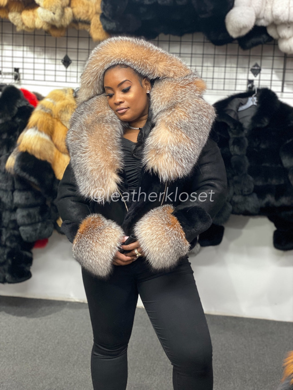 Women's Sheepskin Biker Jacket With Full Fox