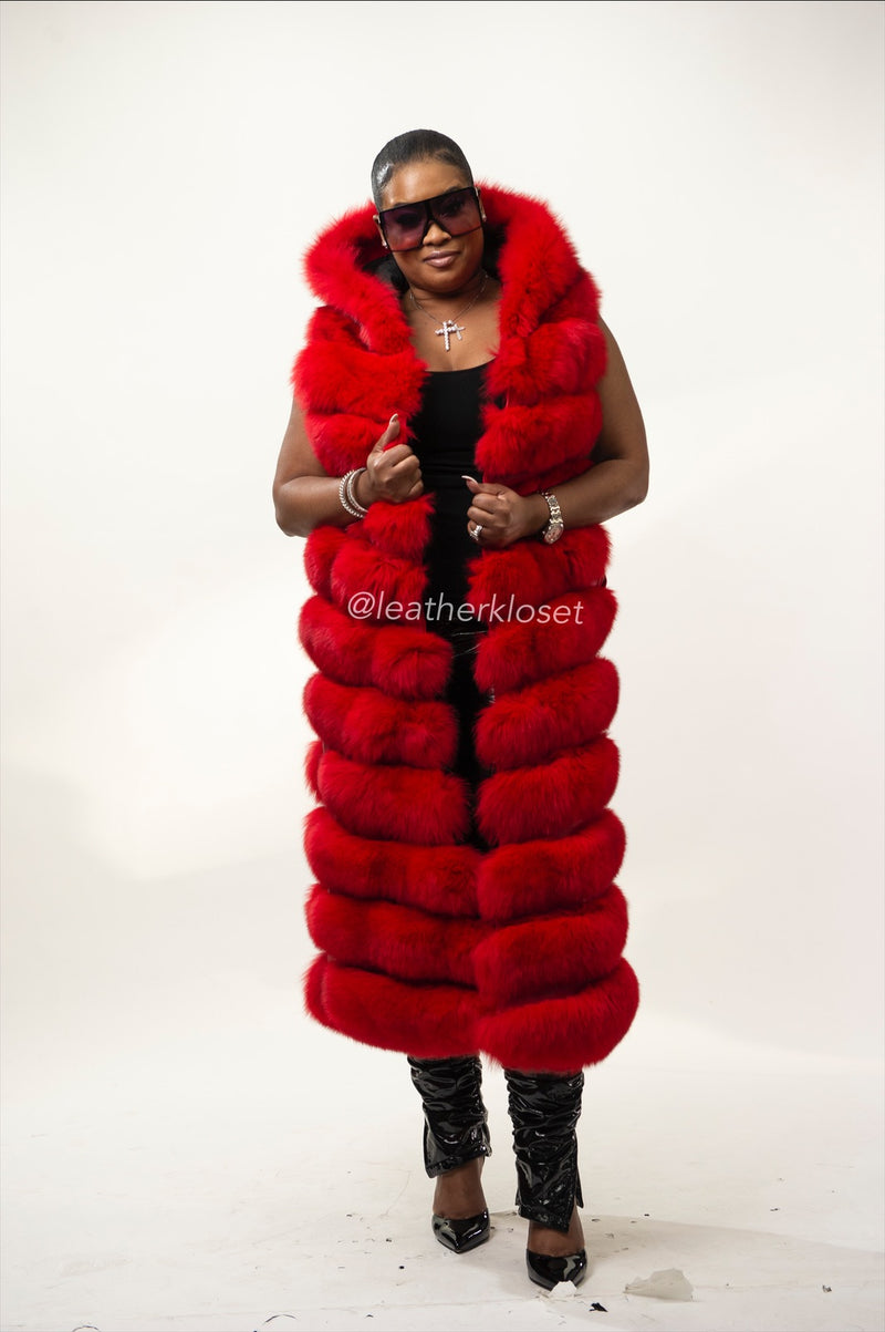 Women's Long Fox Fur Vest With Hood [Red]