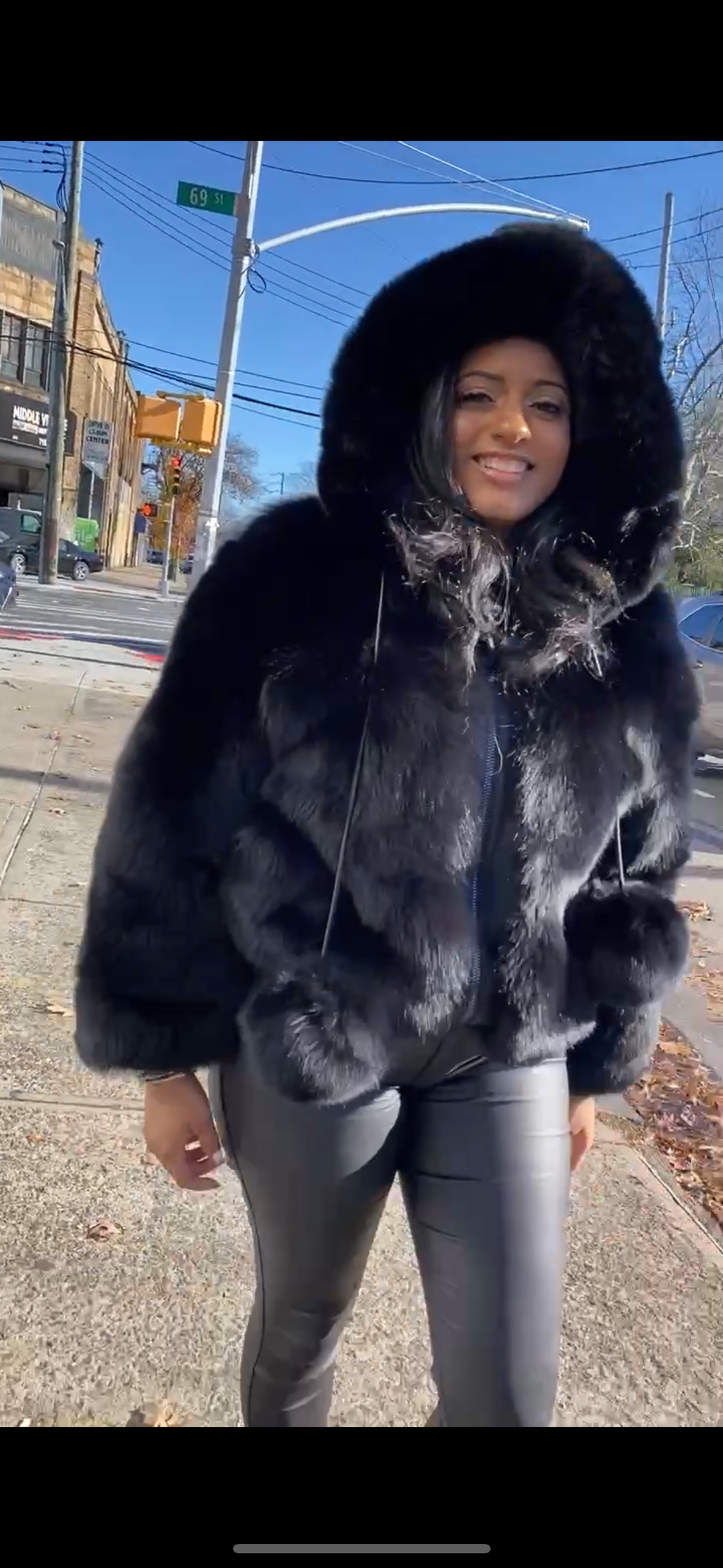 Women's Bella Fox Fur Bomber With Hood [Black]