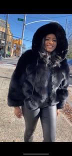 Women's Bella Fox Fur Bomber With Hood [Black]