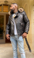 Men's Billy Leather Biker Hoodie With Fur Hood [Copper]