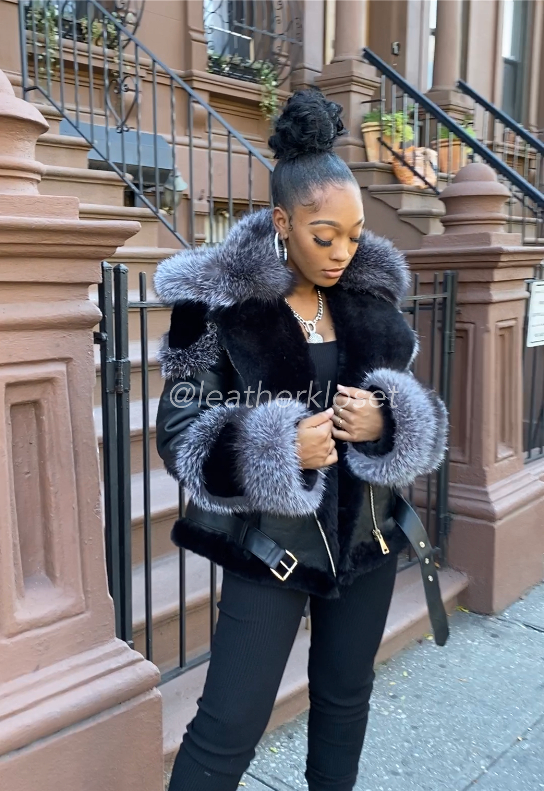 Women's Angela Real Sheepskin Biker Jacket With Fox