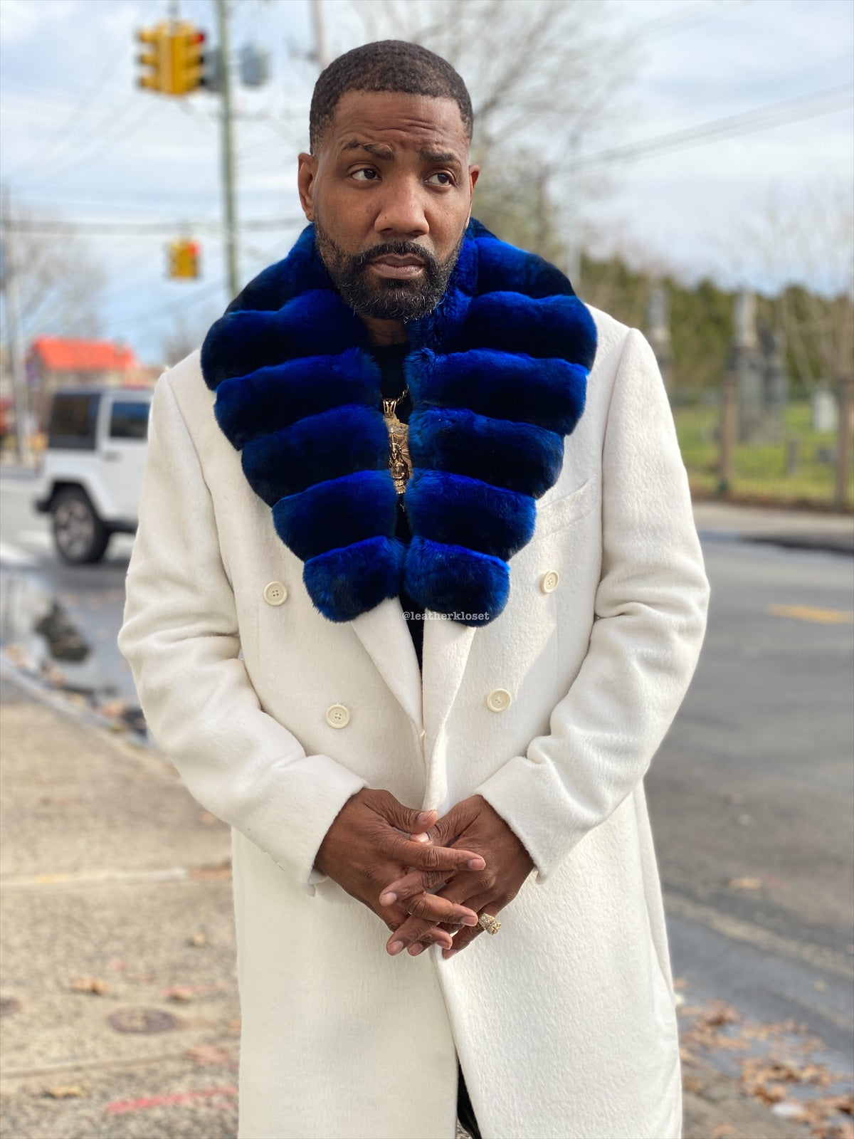 Men's Cashmere Trench Coat With Chinchilla Collar [Blue Chinchilla