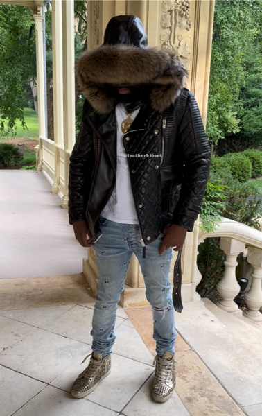 Men's Billy Leather Biker Hoodie With Fur Hood [Brown Copper