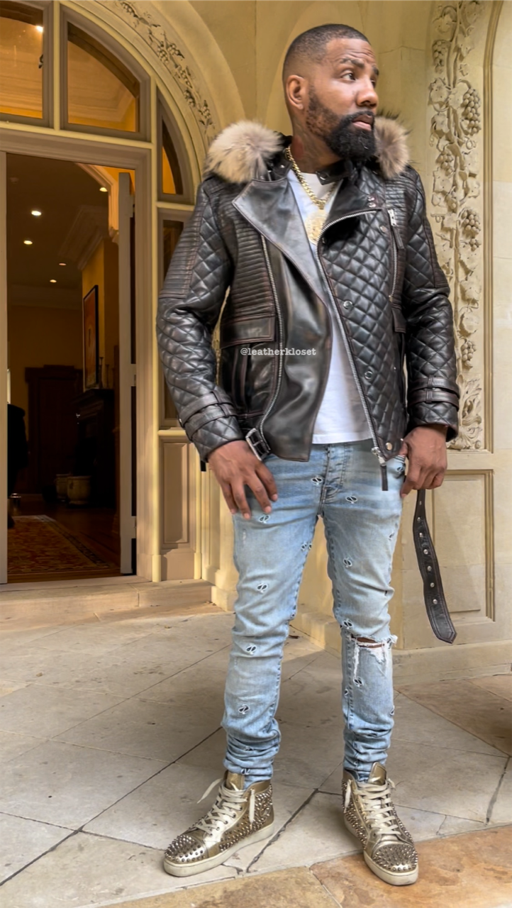 Men's Billy Leather Biker Hoodie With Fur Hood [Brown Copper]