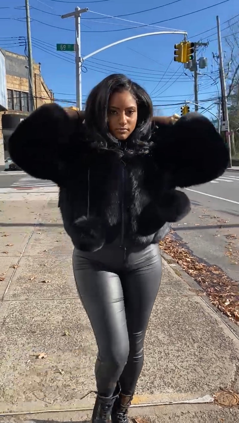 Women's Bella Fox Fur Bomber With Hood [Black]