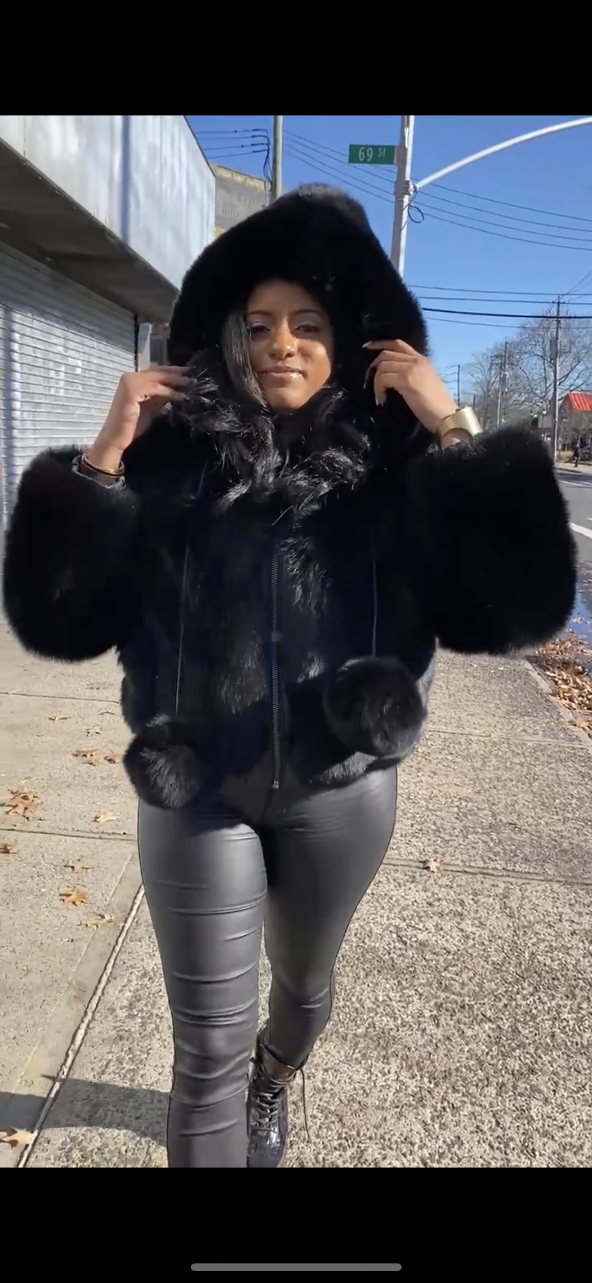 Women's Bella Fox Fur Bomber With Hood [Black]