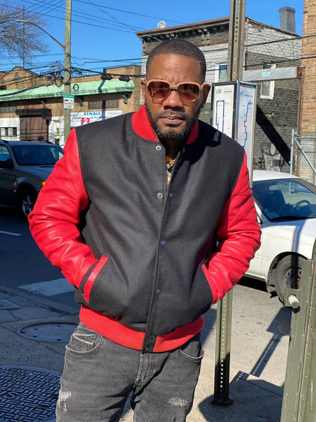 Men's Classic Wool And Leather Varsity Jacket [Black/Red]