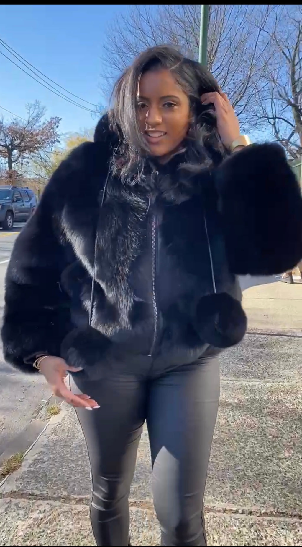 Women's Bella Fox Fur Bomber With Hood [Black]