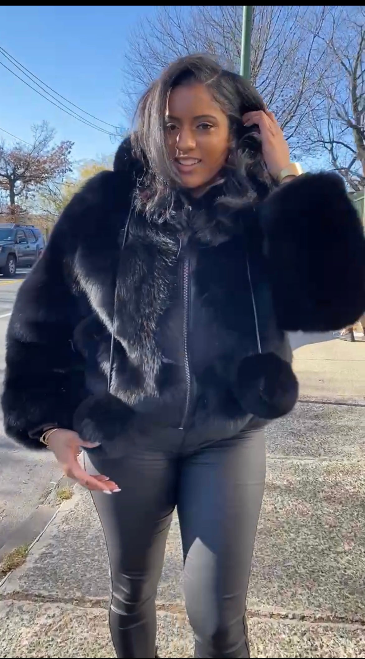 Women's Bella Fox Fur Bomber With Hood [Black]