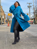 Women's Royal Blue Leather Trench With Full Fox Fur