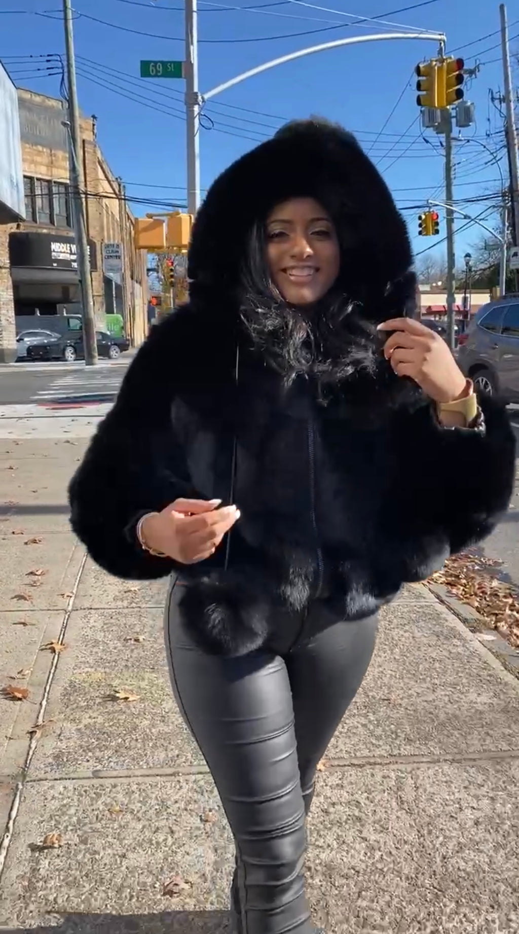 Women's Bella Fox Fur Bomber With Hood [Black]