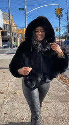 Women's Bella Fox Fur Bomber With Hood [Black]
